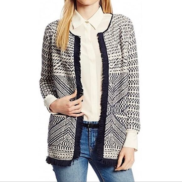 Lucky Brand- Women’s Fringe Open Front Cardigan Boho Aztec Print, Size Medium - Picture 2 of 12